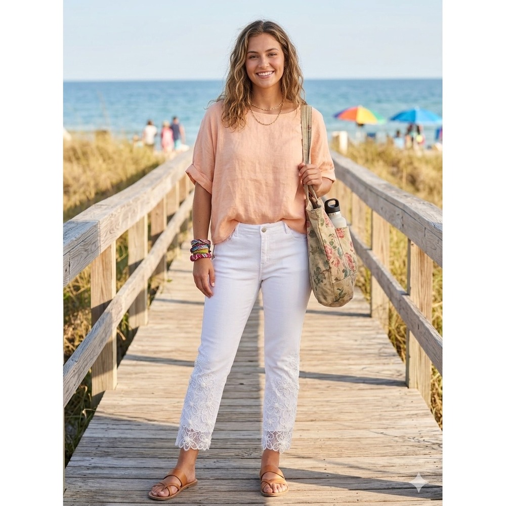 Juliette Lace Hem Pants Womens 10 White Floral Sequin Cropped Denim